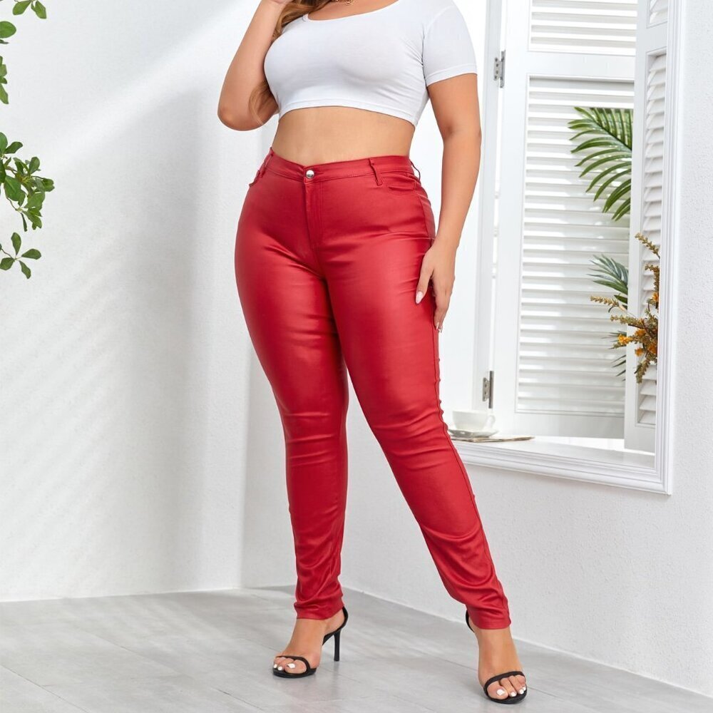 Red Casual Women's Plus Size High Waist Faux Leather Pants